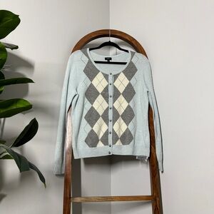 Talbots LARGE PETITE Lambswool Angora Blue Gray Argyle Cardigan Sweater NEW